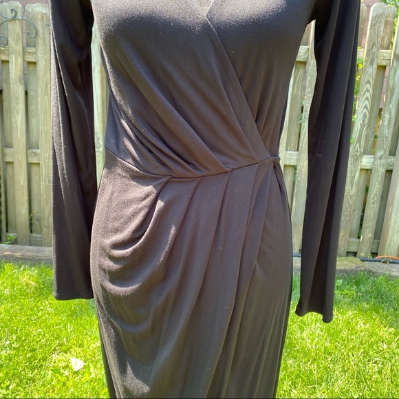 Good American Strong Shoulder Long Sleeve Black Stretch Jersey Knit Wrap Dress - Picture 12 of 17